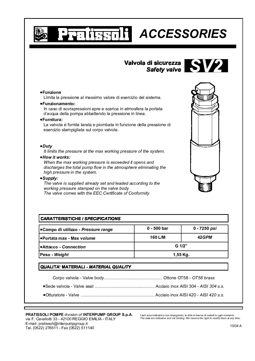 Pratissoli SV2 Safety Relief Valve